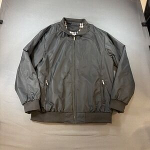 sleek gray full-zip polyester bomber jacket featuring zippered side pockets XL